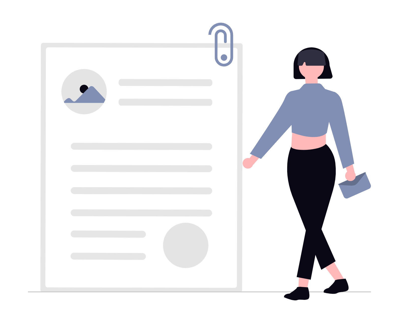 Mulher caminhando com documento anexado